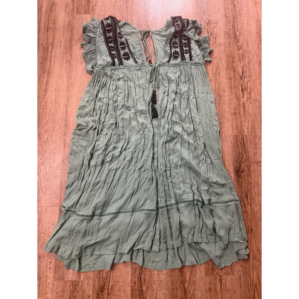 Free People Sage Green Embroidered Boho Tassel Mini Dress Ruffle Tiered
